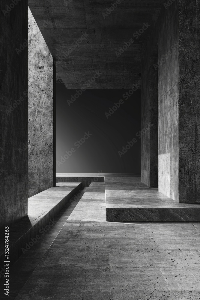Poster minimalist brutalist architecture featuring rough textures in deep black and grey tones