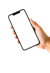 hand holding a mobile phone isolated with blank screen
