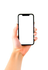 hand holding a mobile phone isolated with blank screen