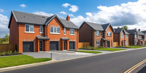 A row of modern, newly built brick houses in the UK with a central garage and driveway on an empty street. The bricks used to make these buildings have a dark red coloring