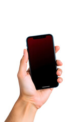 hand holding a mobile phone isolated with black screen