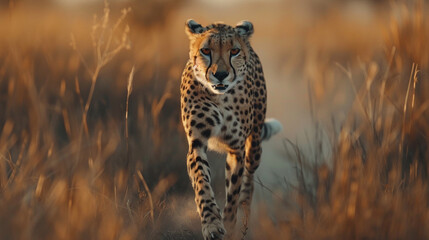 Naklejka premium High-speed action shot of a cheetah sprinting across the African savanna, dust trail, lean muscular body, fastest land animal in motion