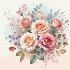 Fototapeta premium Vibrant roses in pink, peach, and cream hues paired with delicate blue and pink flowers create an elegant bouquet on a light backdrop