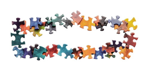 Colorful jigsaw puzzle pieces forming oval isolated on black, cut out