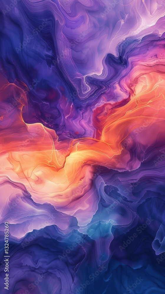 Poster surreal abstract landscape with fluid color gradients in soft purples, blues, and oranges creating a
