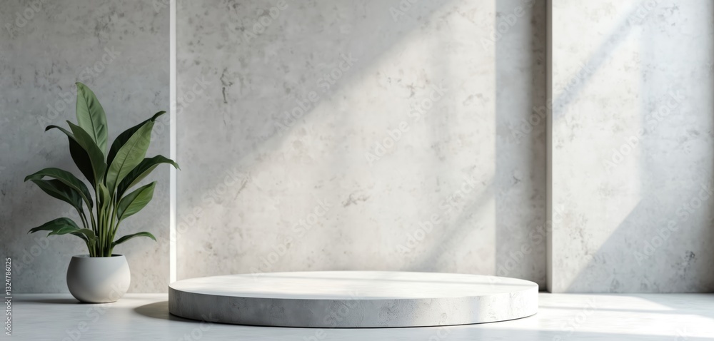 Poster grey studio room setup with cement wall and floor, round product podium platform and decorative hous
