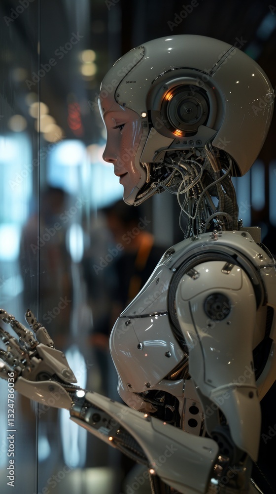 Poster humanoid robot engages with humans in futuristic high-tech environment, showcasing advanced ai inter