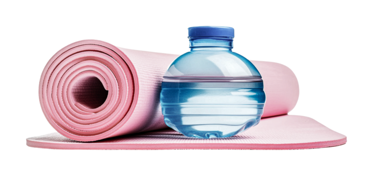 Pink yoga mat with water bottle for fitness and exercise, cut out