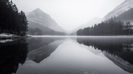 A monochrome landscape showcases mountains reflecting in calm water