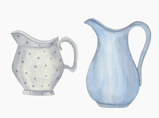 Watercolor vintage Ceramic Blue Jugs isolated on a white background
