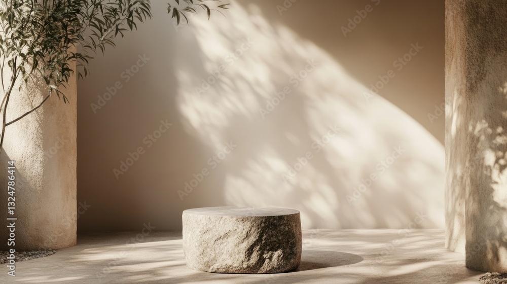 Poster elegant minimalist display featuring a stone podium and natural light patterns