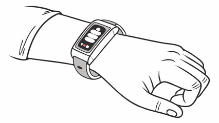 Fototapeta premium Black and white line art illustration of a smartwatch on a wrist with digital display