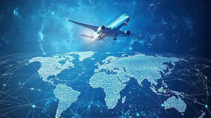 Fototapeta premium A world map with global network connections and an airplane flying above it, representing the international air cargo landscape.
