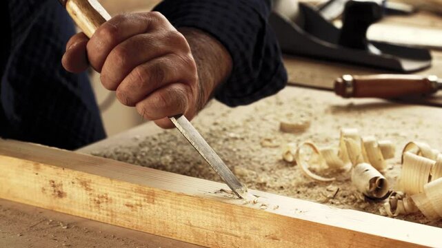 Skilled woodworker shaping a wooden piece with precision in a workshop