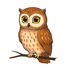 Cute cartoon owl with big yellow eyes perched on a branch, illustrated in a whimsical style. Perfect for children’s designs, education, or nature themes. 
