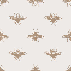Seamless pattern with hand-drawn honey bees in monochrome style on a light background. Repetitive insect design for textile, wallpaper, packaging, and decorative print.