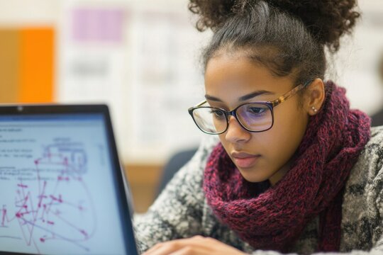 Biracial female student engaged in laptop study session in a classroom environment, diagrams over biracial female student using laptop