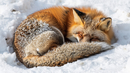 Close-up of a red fox curled up in the snow, thick warm fur, peaceful winter wildlife scene