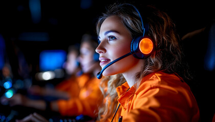 Focused young woman in headset, part of a team, likely in a call center or gaming environment
