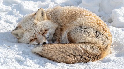 Close-up of a red fox curled up in the snow, thick warm fur, peaceful winter wildlife scene
