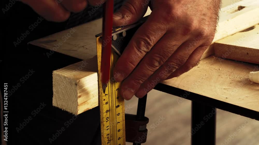 Aufkleber crafting a precise measurement using tools at a woodworking station in a workshop setting