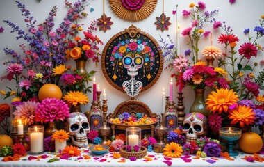 Fototapeta premium Day of the Dead Altar with Colorful Flowers and Sugar Skulls