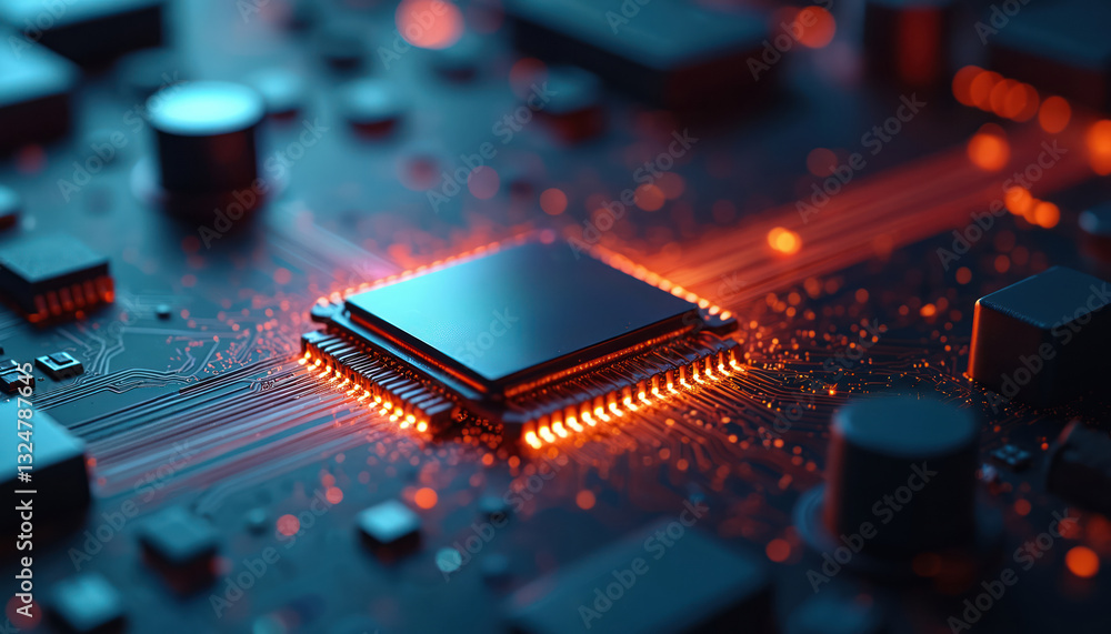 Leinwandbilder closeup of ai chip inside phone. electronic circuit board actively defending against cyber threats. 