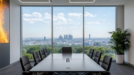 Modern Office Meeting Room With Panoramic City View From Large Windows During Daytime With Clear Sky
