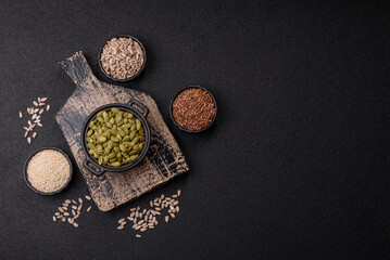 Peeled pumpkin seeds in a bowl, an ingredient for making vegetarian food