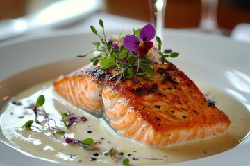 Elegant seared salmon fillet plated with creamy sauce and garnishes