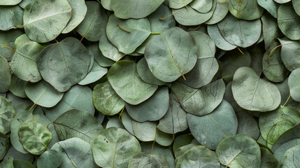 Obraz premium Flat lay of eucalyptus sprigs, muted silver-green leaves, natural organic botanical arrangement