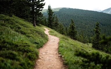 Fototapeta premium Winding Mountain Trail Through Lush Green Meadows and Evergreen Forests