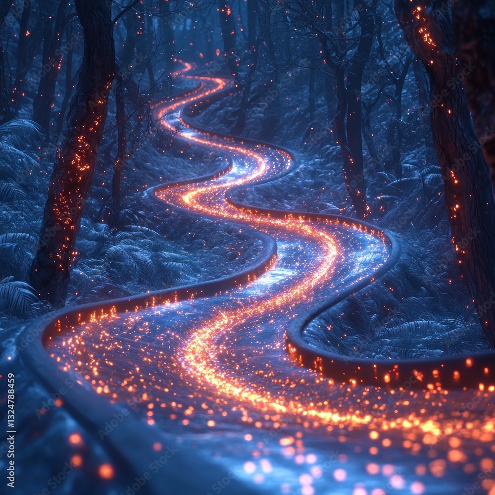 Poster mystical winding path illuminated with ethereal light in a dark forest