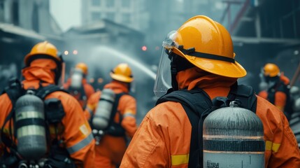 Team of firefighters battling urban blaze in protective gear