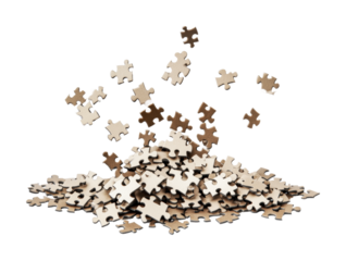 Scattered puzzle pieces falling and forming a pile, cut out