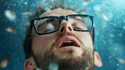 Young caucasian male experiencing tranquility underwater with floating particles