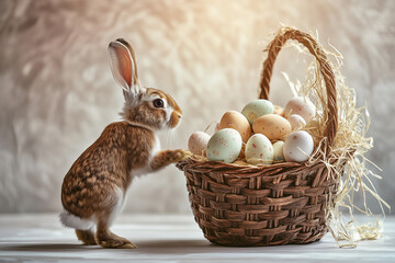Spring rabbit curiously investigates an Easter basket filled with colorful eggs during a sunny April day