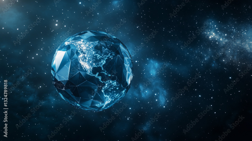 Poster polygon planet earth and magnifying. exploring the world. abstract glass on planet. stock vector low
