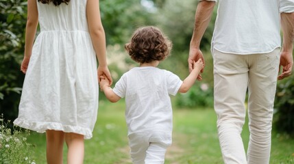 Fototapeta premium Young caucasian family walking hand in hand in green park