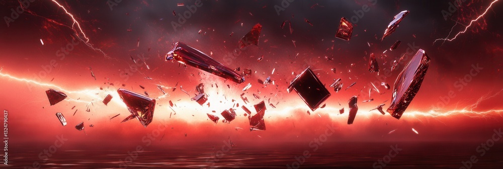 Poster dramatic red and black abstract background with lightning and shattered glass in a stormy atmosphere