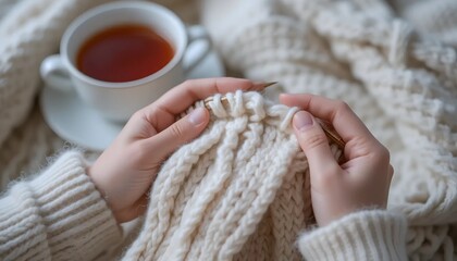 Close up on woman's hands knitting
