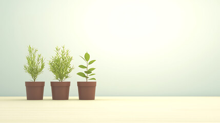 Fototapeta premium Three potted plants with different foliage stand neatly in a row against a soft neutral backdrop.