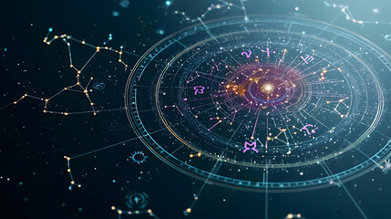 Obraz premium Mystical Zodiac Wheel With Glowing Constellations Against A Deep Blue Cosmic Background And A Bright Center In Astrology