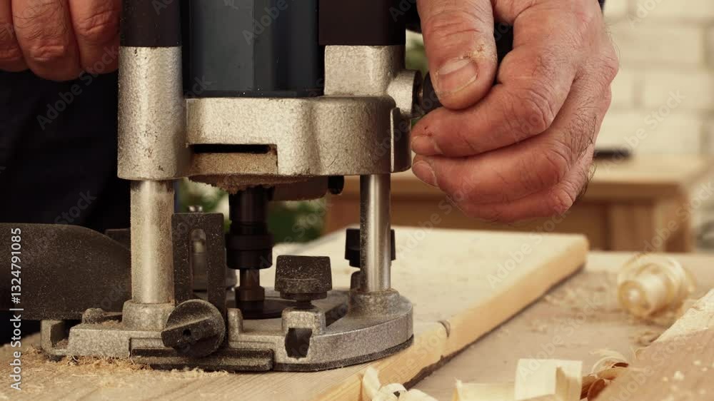Poster crafting intricate wood designs using a router tool in a workshop setting