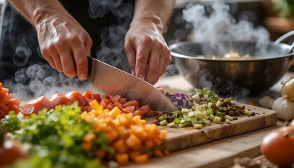 Chef cook preparing food in the kitchen, holding a knife, cutting green vegetables on the wooden cutting board on the table. raw nutrition ingredient, salad recipe, vegan cuisine, chopping, freshness.
