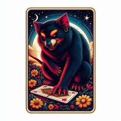 Mystical Tasmanian Devil Tarot Card: Feline Divination in a Floral Landscape