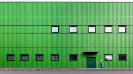 Green Metal Cladding Building Exterior with Square Windows and a Single Door in Daylight