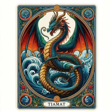 Tiamat Serpent-like dragon depicted inside an ornate tarot card illustration