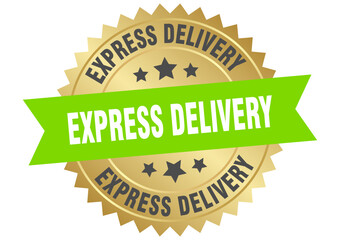express delivery. express delivery round green and gold label isolated on transparent background