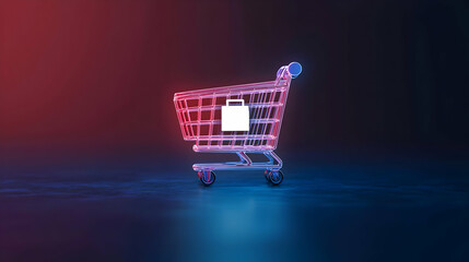 3D Rendered Low Poly Shopping Cart With Glowing Square Body On A Dark Background With Red And Blue Backlight